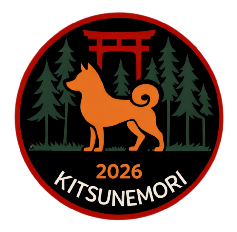 Kenelns logga, en röd Shiba framför en mörkgrön granskog och en röd japansk port